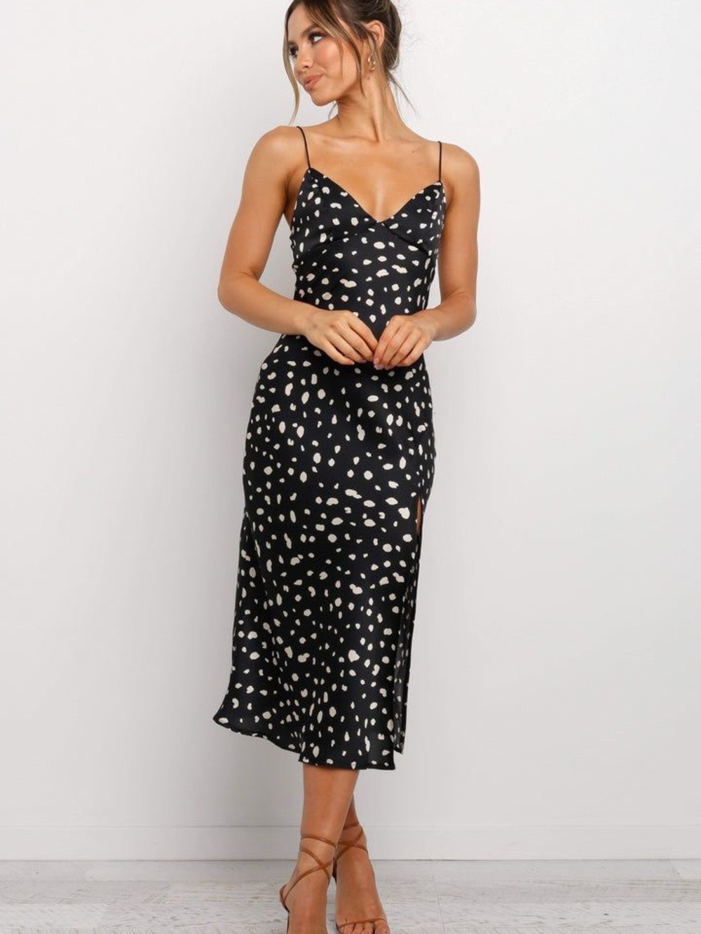 Petal & Pup Black Midi Slip Dress with Ivory Spot Print